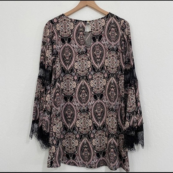 Xhilaration Women’s S Black Pink Lace Flare Sleeve Midi Dress Retro Print - Picture 6 of 6